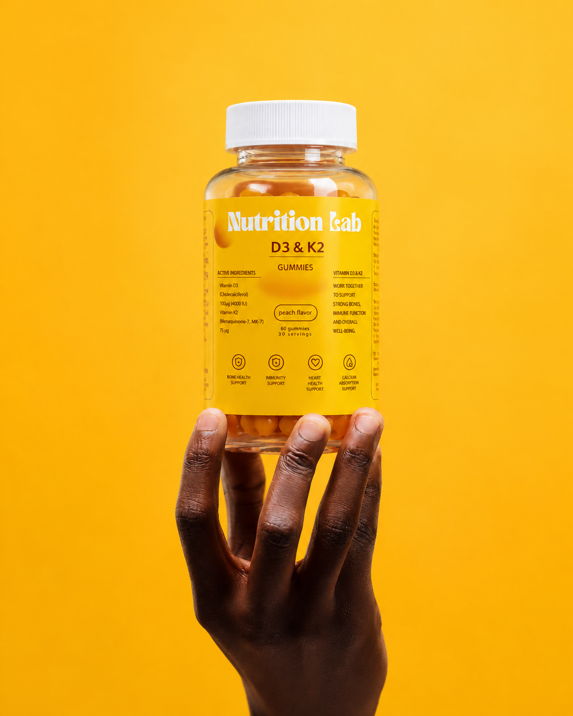 Vitamin D3 + K2 Gummies – Peach Flavor | 4000 IU D3 & 75µg K2 (MK-7) | Bone, Heart & Immunity Support | Sugar-Free | 60 Gummies