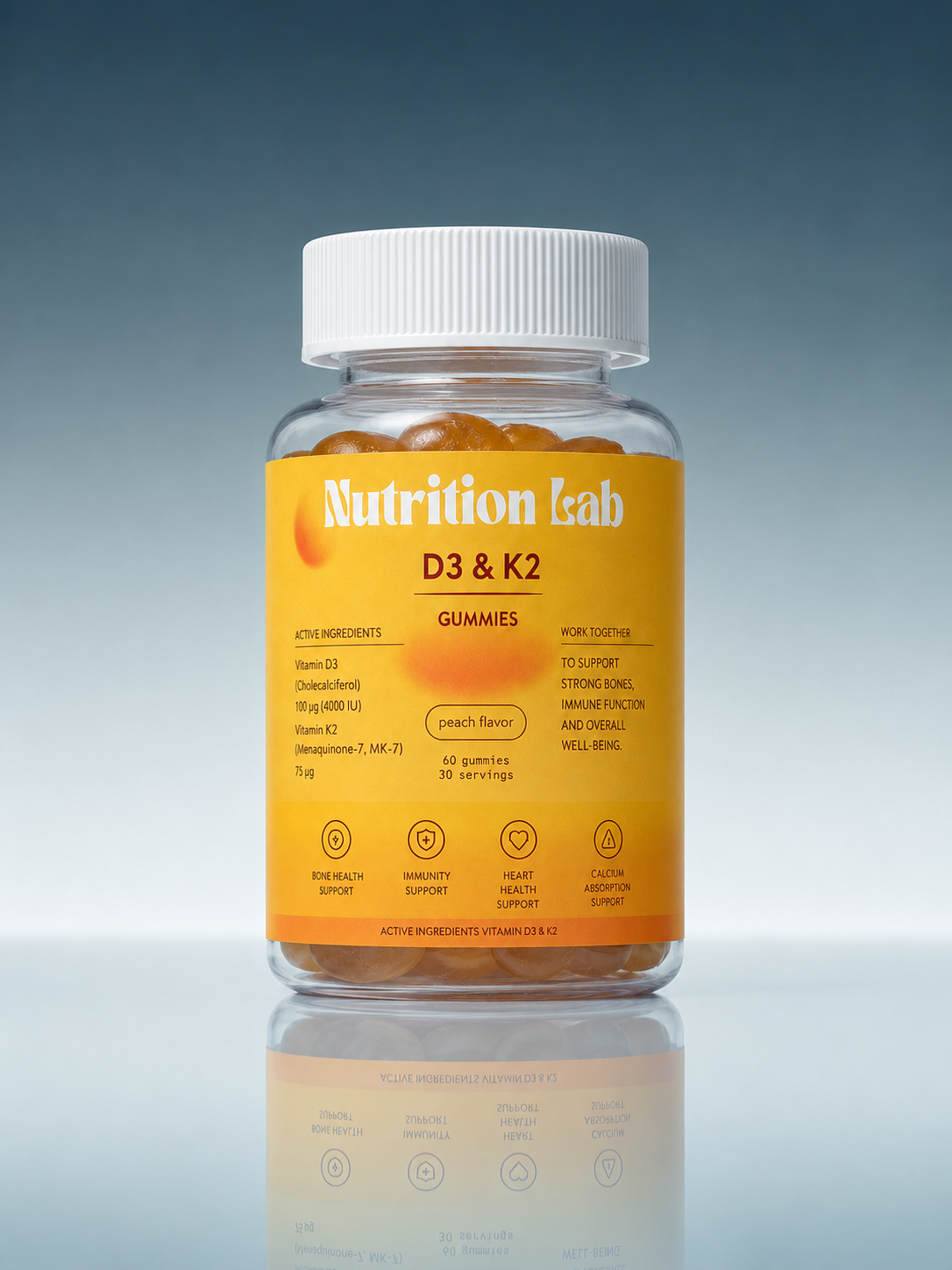 Vitamin D3 + K2 Gummies – Peach Flavor | 4000 IU D3 & 75µg K2 (MK-7) | Bone, Heart & Immunity Support | Sugar-Free | 60 Gummies