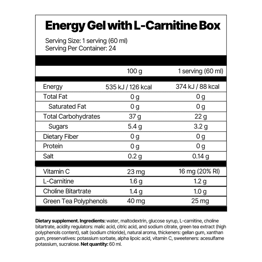 24 x 60 ml Energy Gel with L-Carnitine Box 4Endurance Pro Lemon Green Tea