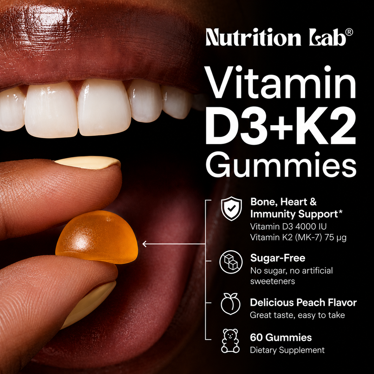 Vitamin D3 + K2 Gummies – Peach Flavor | 4000 IU D3 & 75µg K2 (MK-7) | Bone, Heart & Immunity Support | Sugar-Free | 60 Gummies