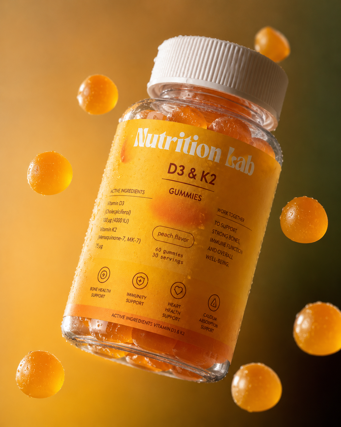 Vitamin D3 + K2 Gummies – Peach Flavor | 4000 IU D3 & 75µg K2 (MK-7) | Bone, Heart & Immunity Support | Sugar-Free | 60 Gummies
