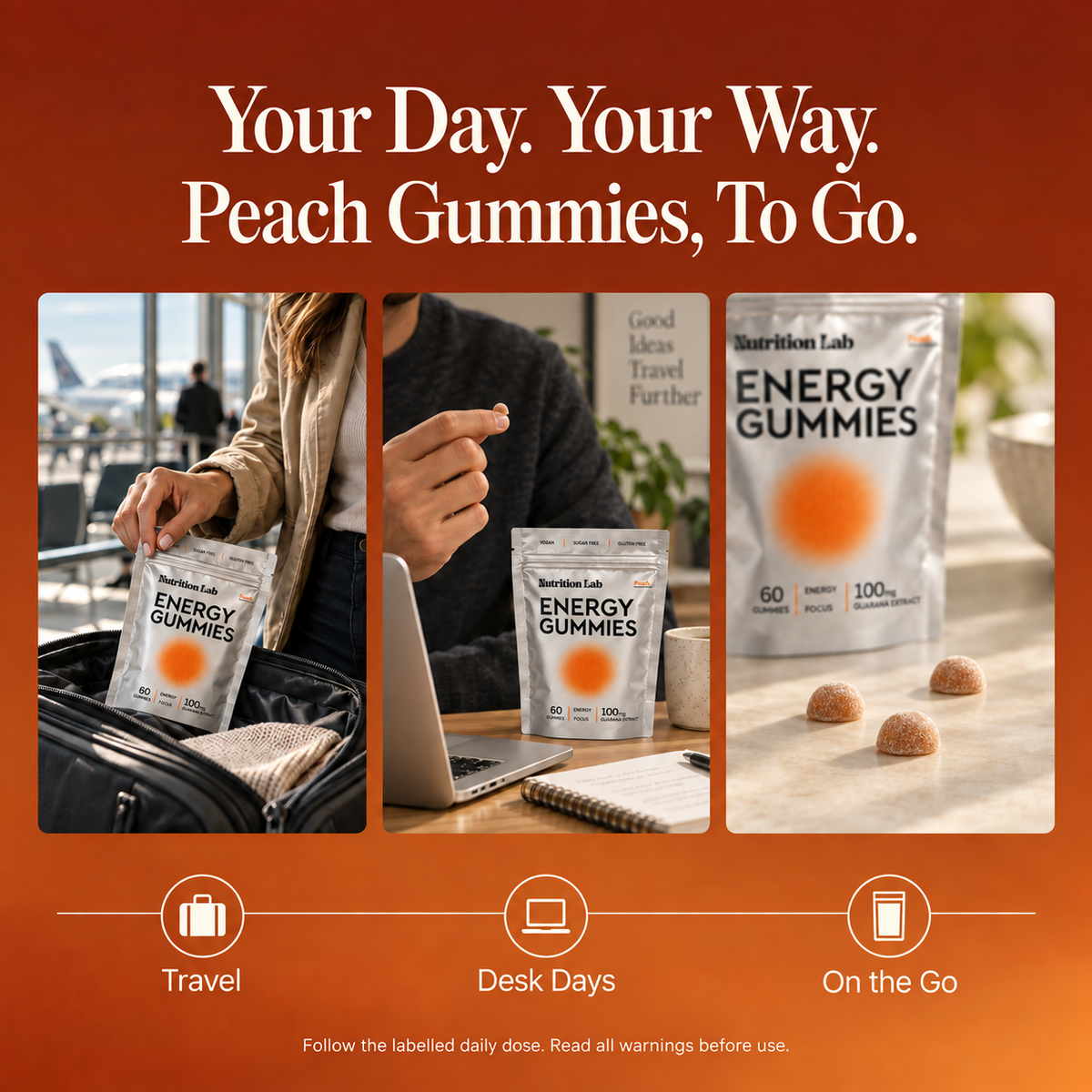 Energy Gummies for travel and desk days with small light-brown dome gummies coated in maltitol powder.