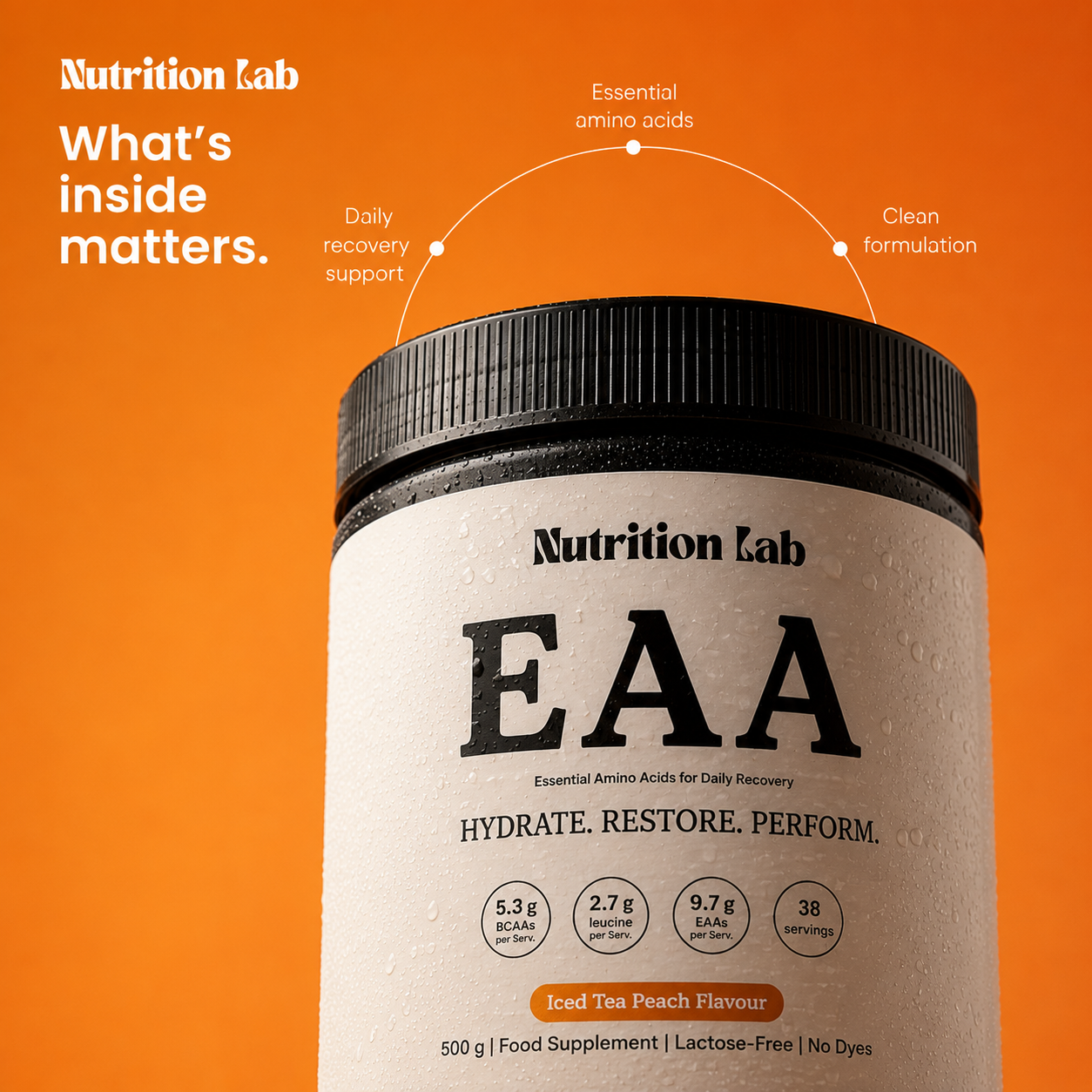 A Nutrition Lab EAA supplement tub with a black lid and cream-colored label, set against a solid orange background with feature callouts.