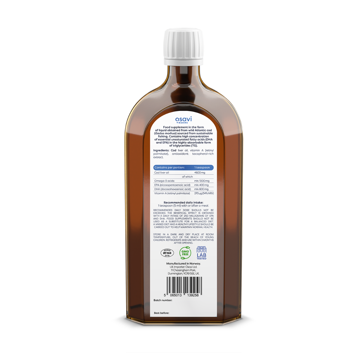Norwegian cod liver oil 1000 mg Omega 3, unflavoured - 250ml