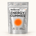 Nutrition Lab Energy Gummies, peach flavour, 60-gummy silver pouch on an off-white background.