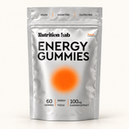 Nutrition Lab Energy Gummies, peach flavour, 60-gummy silver pouch on an off-white background.