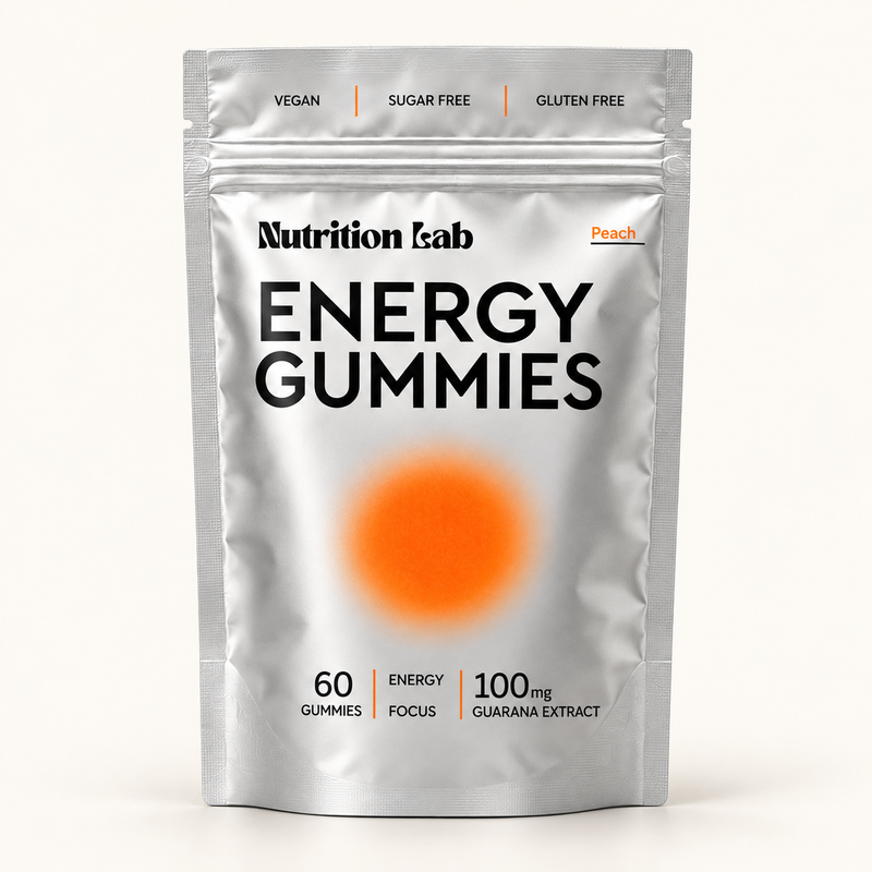 Nutrition Lab Energy Gummies, peach flavour, 60-gummy silver pouch on an off-white background.