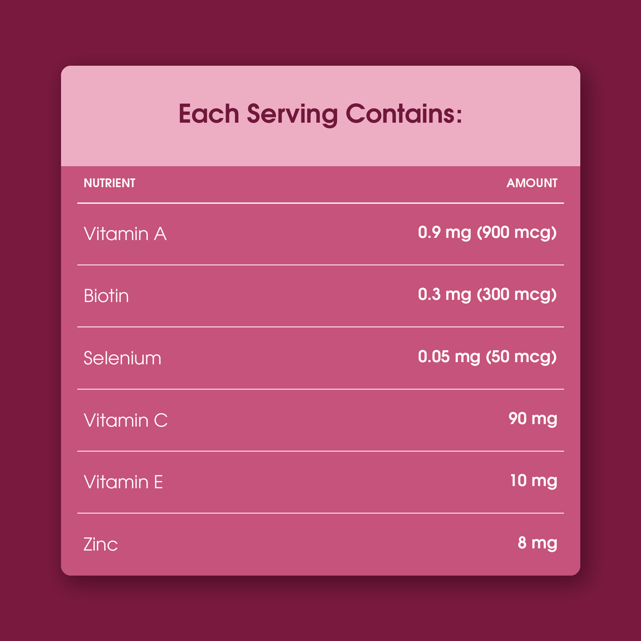 Hair, Skin & Nails each serving nutrition table