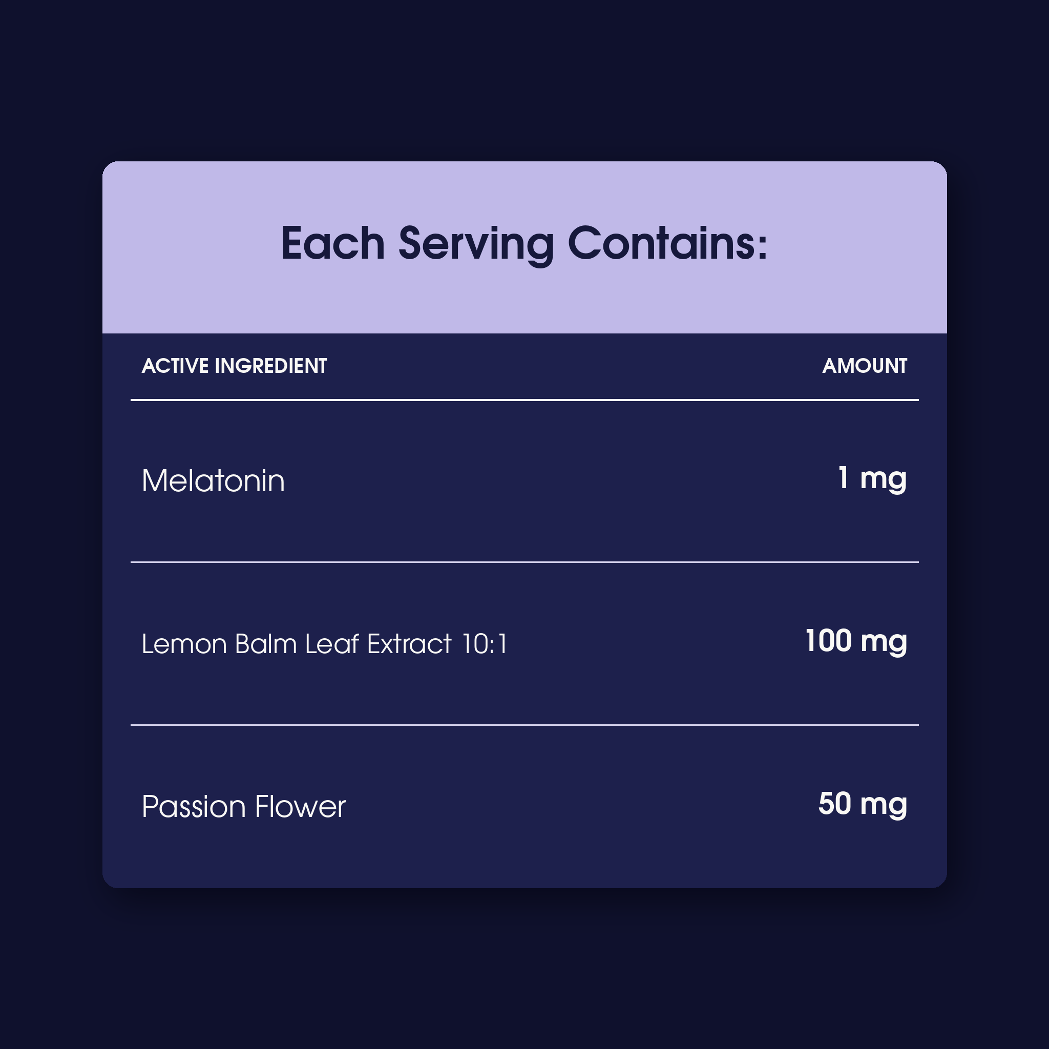 Hypnos each serving nutrition table