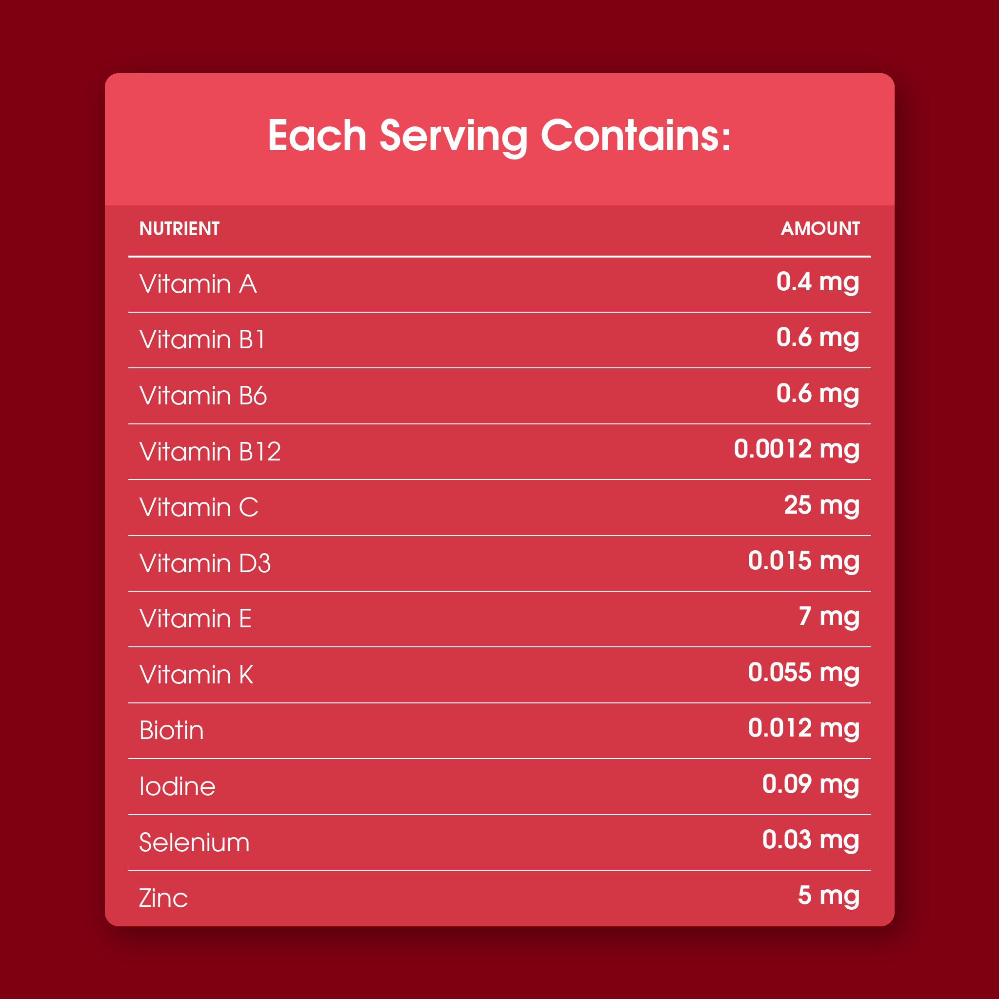 Multivitamin each serving nutrition table
